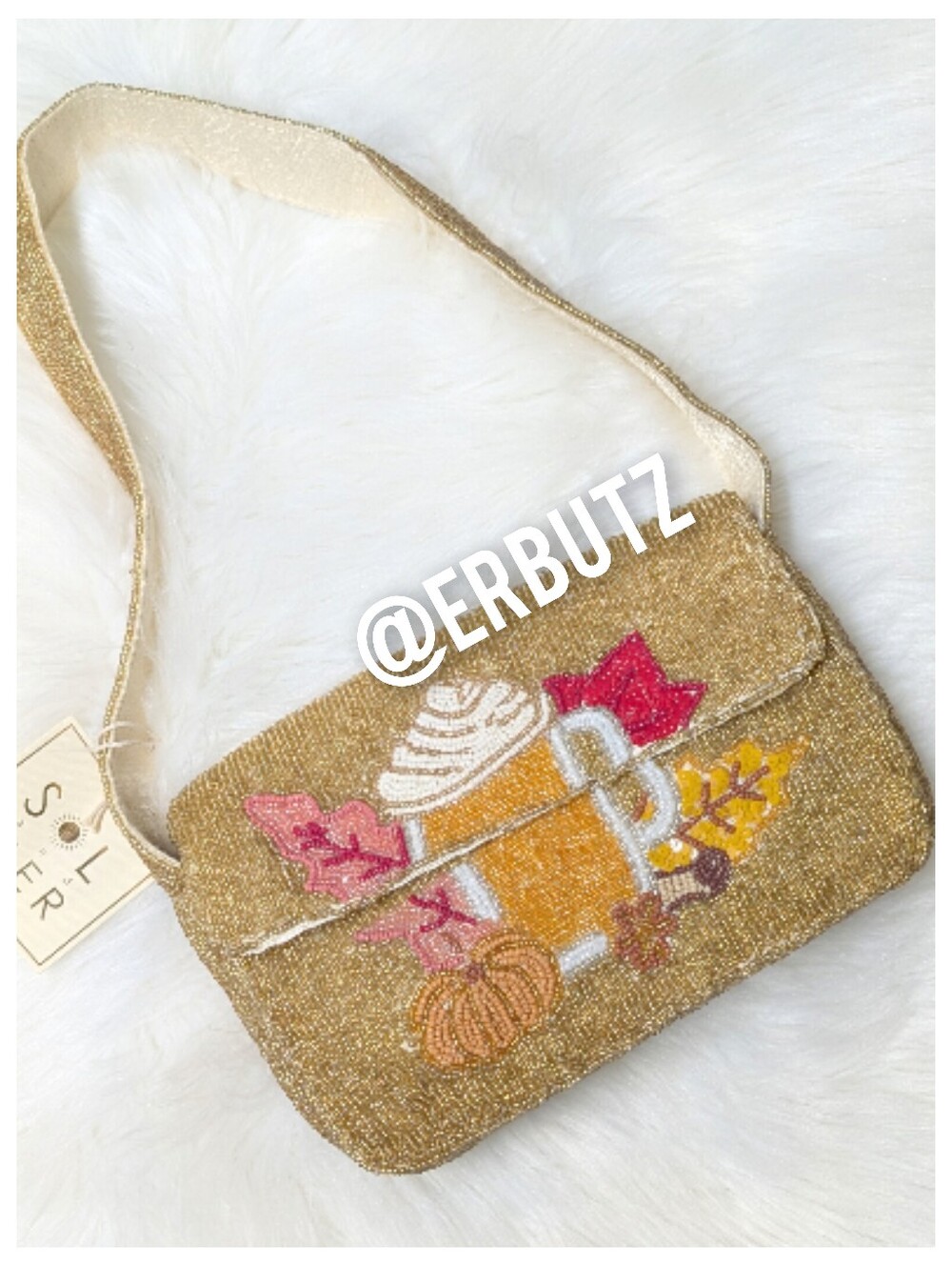 SOL and MER Autumn Motif Pumpkin Spice Latte Beaded Shoulder Bag ☕🍂